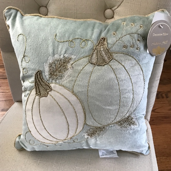 Autumn Hill Holiday Teal Gold Ivory Beaded Pumpkin Decorative